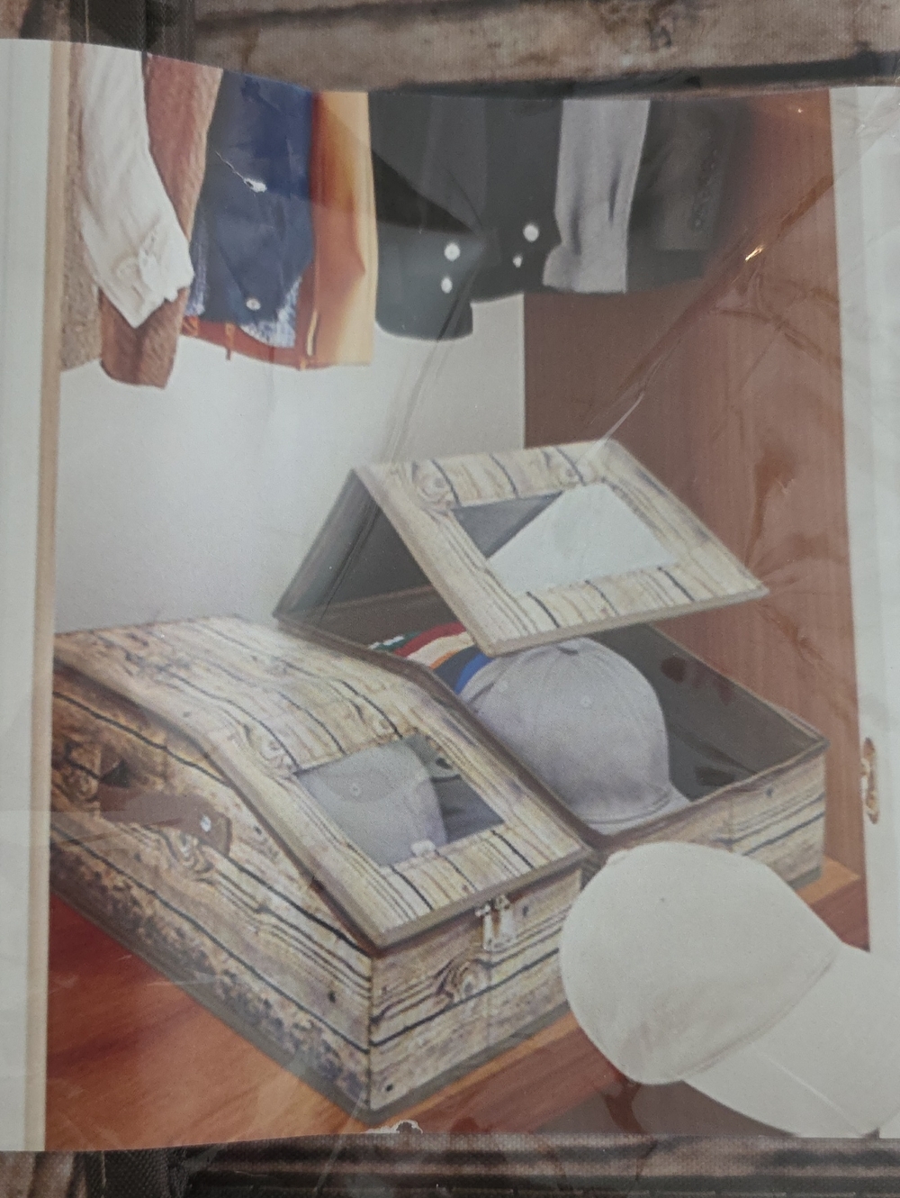 Wood-Pattern Hat Storage Organizer with Clear Lid - Brown